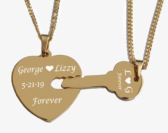 Engraved Necklaces Gold Key to My Heart 