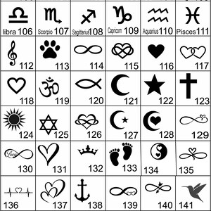 May include: A grid of black and white logos and zodiac symbols, each with a corresponding number. Includes symbols like Aries, Taurus, Gemini, Cancer, Leo, Virgo, Libra, Scorpio, Sagittarius, Capricorn, Aquarius, and Pisces. Also features various other symbols.