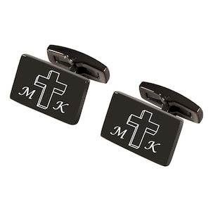 Engraved Gunmetal Cross Cufflinks - Gunmetal Personalized Cufflinks - Gift For Christian Men or Boys Confirmation - Buy 6 Get 7th Free
