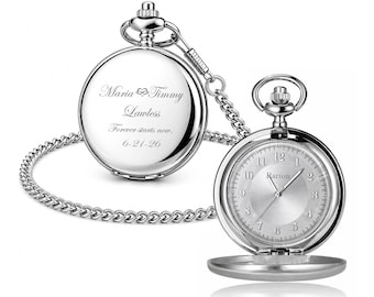 Engraved Silver Stainless Steel Pocket Watch, Personalized Keepsake