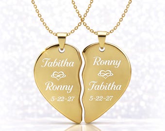 Personalized Gold Broken Heart Necklace Set - Couples Name Necklace - Anniversary Gift - Matching Jewelry