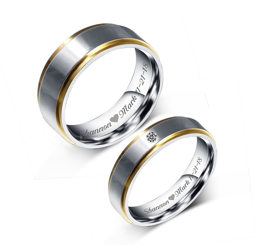 Personalized Two-tone Stainless Steel Ring Set, Custom Engraved CZ ...
