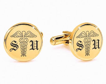 Gold Caduceus Cufflinks – Engraved Medical Doctor Gift Buy 6 Get 7th Free