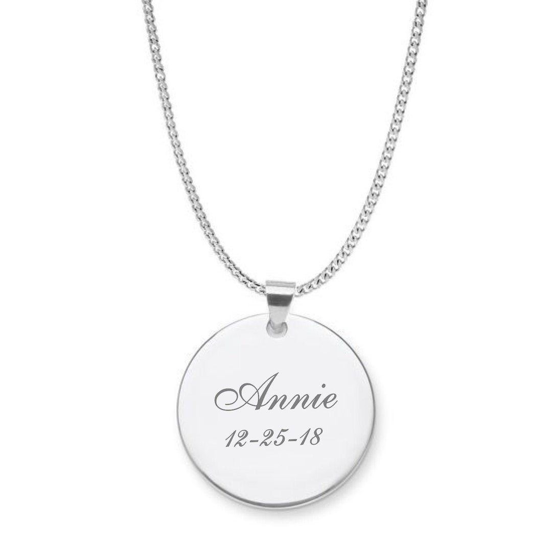 Silver Circle Charm Necklace, Personalized Circle Necklace, Engraved