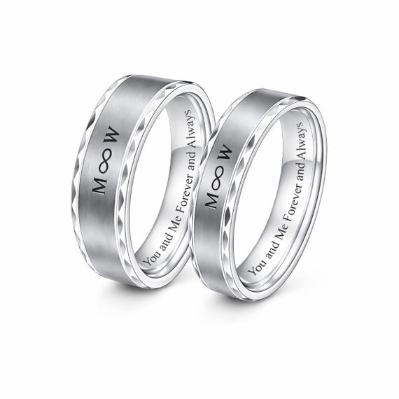 Personalized Silver Ring Set, Custom Engraved Stainless Steel Wedding Band