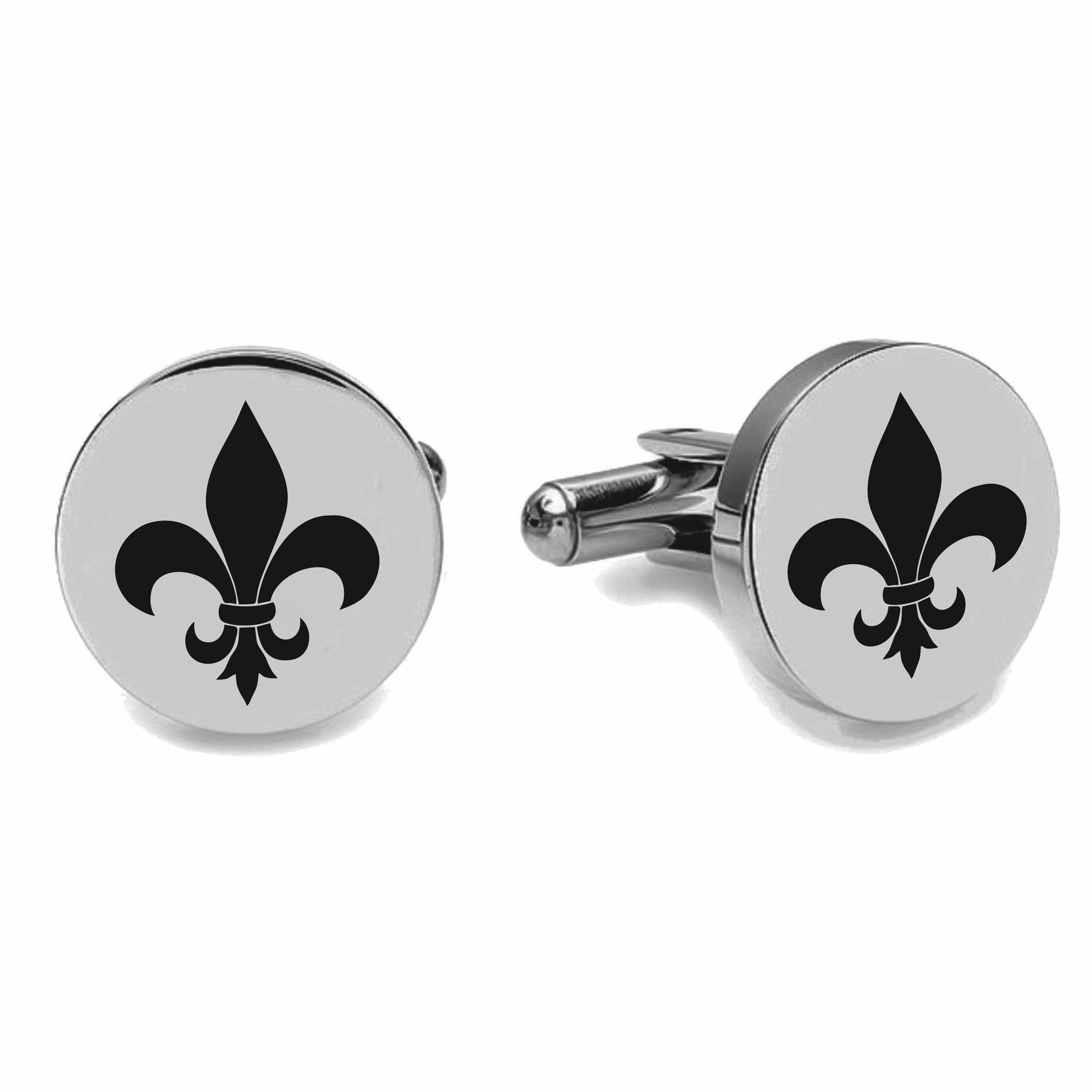 Engraved Circle Silver Fleur De Lys Cufflinks French Lily Lis