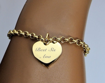 Engraved Gold Heart Charm Bracelet