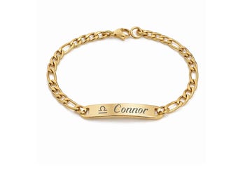 Personalized Gold Figaro ID Bracelet, Stainless Steel, Engraved Name, 6 inch