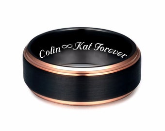 Engraved Tungsten Ring Black & Rose Gold Ring Personalized Promise Rings Black Tungsten Wedding Band Men's Ring Gift For Him 7mm Comfort Fit