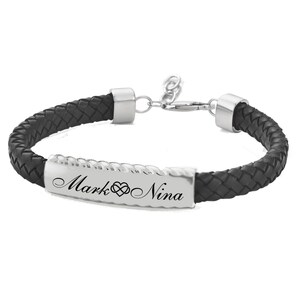 Personalized Bracelet, Black Leather Bracelet, Silver ID Bracelet, Custom Engraved Bracelet, Engraved ID Bracelet, Personalized ID Bracelet