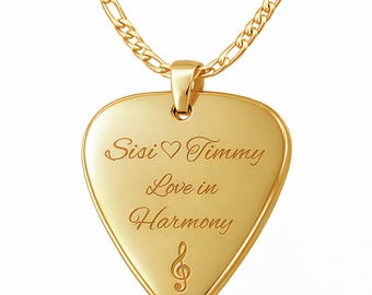 Personalized Gold Guitar Pick Necklace, Engraved Stainless Steel Pendant