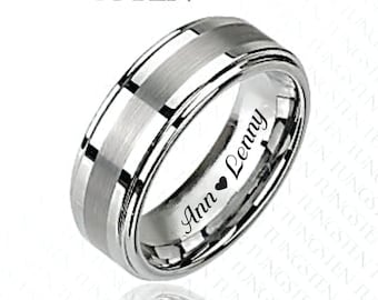 Engraved Tungsten Ring, Two-Tone Silver, Personalized Wedding Band