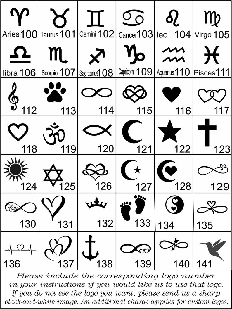 May include: A grid of black and white logos and zodiac symbols, each with a corresponding number. Includes symbols like Aries, Taurus, Gemini, Cancer, Leo, Virgo, Libra, Scorpio, Sagittarius, Capricorn, Aquarius, and Pisces. Also features various other symbols.