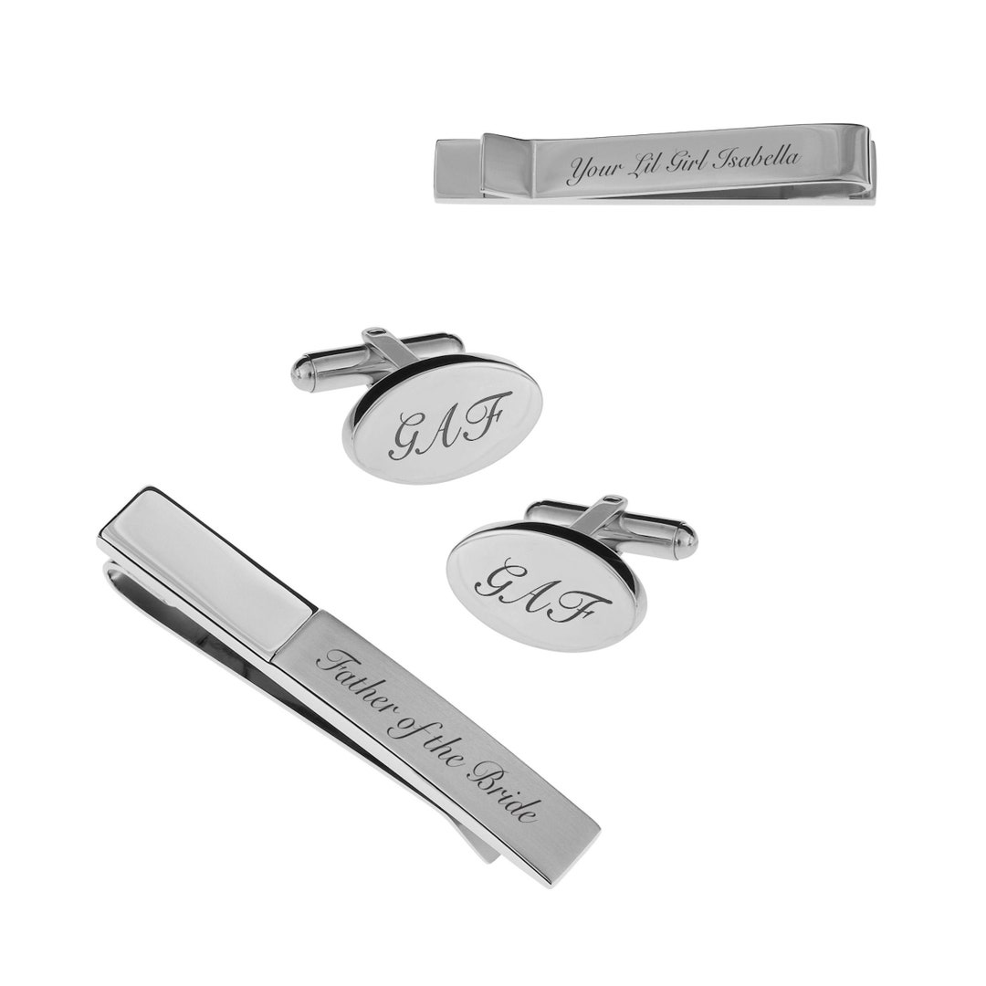 Engraved Cufflinks, Personalized Tie Clip, Monogrammed Cufflink & Tie