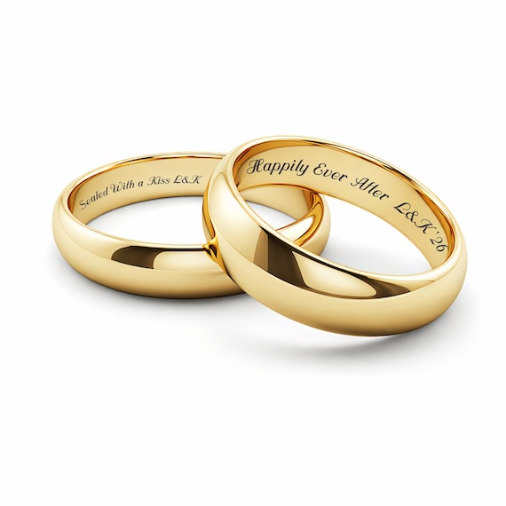 Personalized Gold Ring Set, Custom Engraved Stainless Steel Wedding Bands