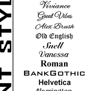 May include: A vertical black and white chart titled FONT STYLES listing various typeface options including Century, Lucinda Calligraphy, Edwardian, Clarendon, Viviance, Great Vibes, Alex Brush, Old English, Snell, Vanessa, Roman, BANKGOTHIC, Helvetica, Harrington, Imprint Shadow, ALGERIAN, and Greek: &Delta;&Omega;&Lambda;&Sigma;.