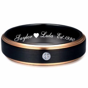 Tungsten Ring Black & Rose Gold CZ Ring Custom Engraved Ring Promise Ring Personalized Tungsten Wedding Band Comfort Fit 5mm