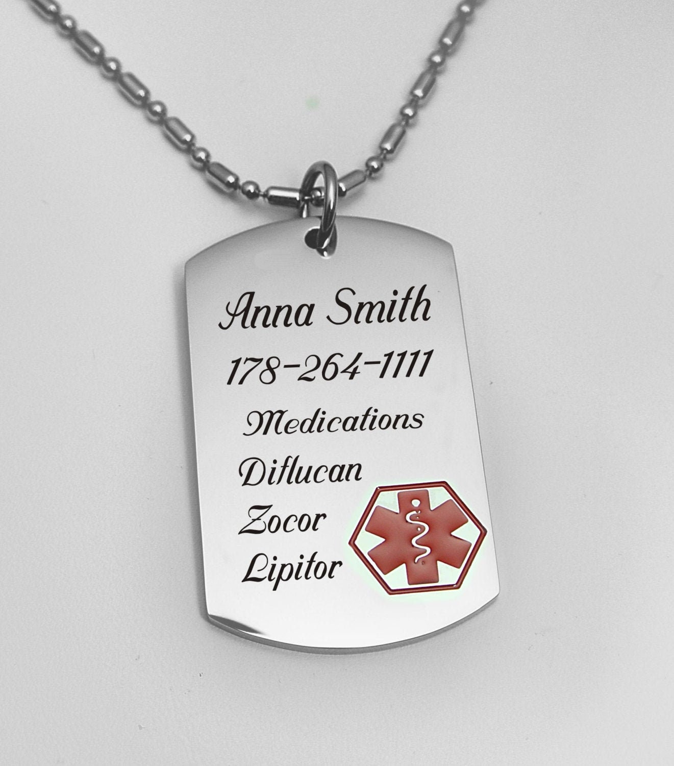 Sterling Silver Medic Aware Embossed Medical Alert Tag Pendant -   Portugal