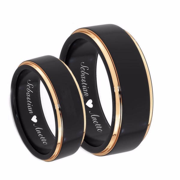 Engraved Ring Set Black & Gold Beveled Edge Rings Personalized Ring Black Wedding Band Couple's Set Custom Engraved His and Hers Comfort Fit