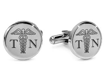 Engraved Caduceus Cufflinks – Stainless Steel Medical Jewelry Gift Box