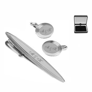 Engraved Cufflinks, Personalized Tie Clip, Monogrammed Cufflink Tie Clip Set, Silver Cufflinks, Wedding Accessories, Buy 6 Get 7th Free