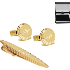 Engraved Tie Clip, Gold Circle  Cufflink, Monogrammed Tie Clip, Cufflink Tie Clip Set, Groomsmen Gifts, Buy 6 Get 7th Free