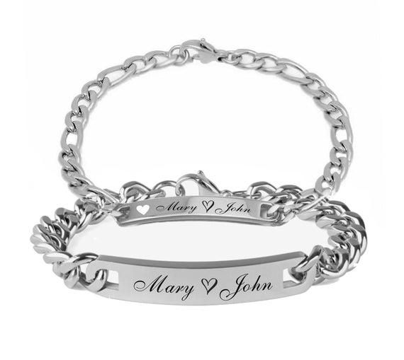 Engraved Bracelets Silver Stainless Steel Bracelet Set Heart Cut
