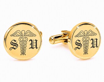Engraved Caduceus Cufflinks - Personalized Gold Doctor Graduation Gift Buy 6 Get 7th Free