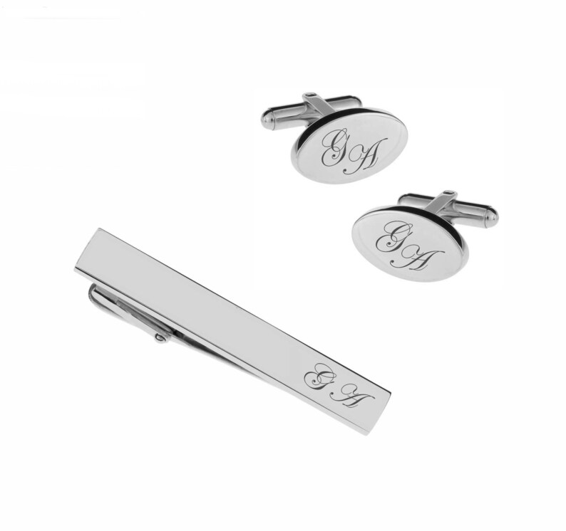 personalized cufflinks and tie clip set
