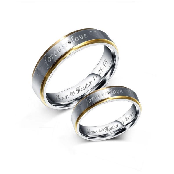 Engraved Stainless Steel Couple Ring Set, Gold & Silver Promise Rings