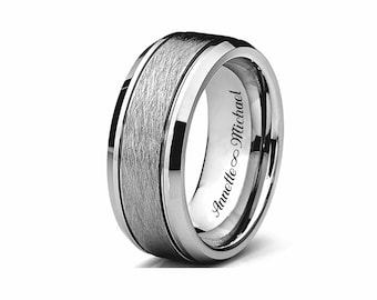 Engraved Tungsten Ring, Silver Textured Mens Wedding Band (8mm)