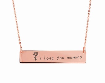 Custom Engraved Children's Drawing Rose Gold Bar Necklace, Kids Handwritten Pendant, Personalized Handwriting Necklace, Mother's Day Gift
