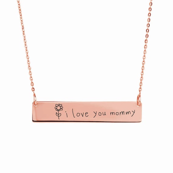 Custom Engraved Children's Drawing Rose Gold Bar Necklace - Etsy