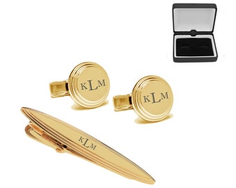 Personalized Cuff links, Engraved Tie Clip, Monogrammed Gold Tie Clip, Cufflink Tie Clip Set, Groomsmen Gifts, Buy 6 Get 7th Free