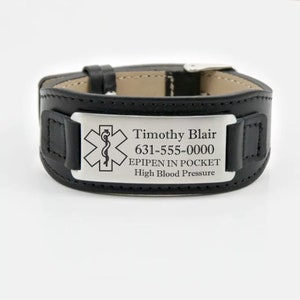 Engraved Medical Alert Bracelet, Leather Medical Bracelet, Stainless Steel & Leather Medical Bracelet, Medical ID Bracelet, Allergy Bracelet
