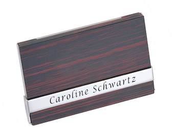 Personalized Silver and Cherry Wood Finish Business Card Holder Custom Engraved Free