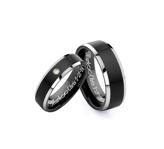 Engraved Tungsten Ring Black Matte Tungsten Ring Set Promise Ring  Personalized Ring Wedding Band Custom Ring Couple Ring Set Comfort Fit