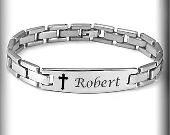 Engraved Bracelet, Stainless Steel Cross Bracelet, Men's Cross Bracelet, Silver Cross Bracelet, Personalized Cross Bracelet, Silver Bracelet