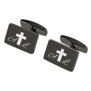 Engraved Gunmetal Cross Cufflinks - Religious Cufflink - Personalized Christian Cufflink - Gift For Catholics - Jesus - Buy 6 Get 7th Free