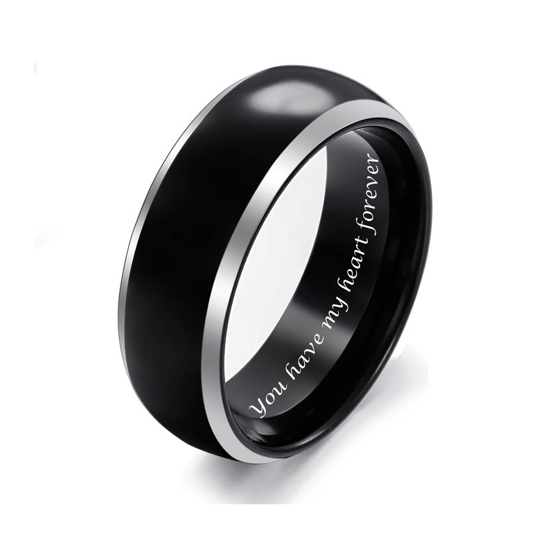 Customizable Boys Promise Ring Personalized Men/'s Custom Engraved Solid Titanium Two Tone Dome Band Ring Black /& Silver