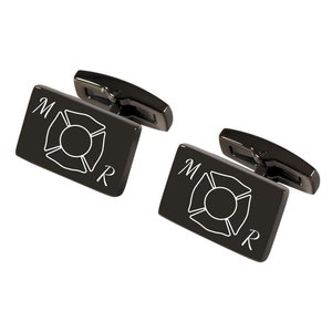 May include: A pair of black cufflinks with a white firefighter's helmet and the letters "M" and "R" engraved on each cufflink.