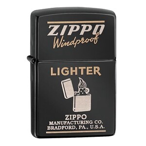 May include: A black Zippo windproof lighter with gold lettering. The lighter has the words "Zippo Windproof" at the top, "Lighter" in the middle, and "Zippo Manufacturing Co. Bradford, PA., U.S.A." at the bottom. The lighter is closed.