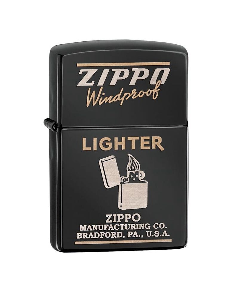 May include: A black Zippo windproof lighter with gold lettering. The lighter has the words "Zippo Windproof" at the top, "Lighter" in the middle, and "Zippo Manufacturing Co. Bradford, PA., U.S.A." at the bottom. The lighter is closed.