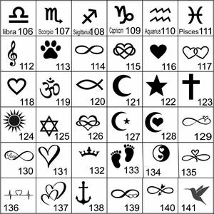 Puede incluir: Una cuadr&iacute;cula de logotipos y signos del zodiaco en blanco y negro, cada uno con un n&uacute;mero correspondiente. Incluye s&iacute;mbolos como corazones, signos de infinito y un colibr&iacute;. El texto en la parte inferior anima a incluir los n&uacute;meros de logotipo en las instrucciones.