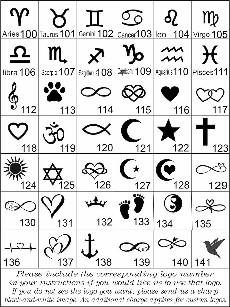 Puede incluir: Una cuadr&iacute;cula de logotipos y signos del zodiaco en blanco y negro, cada uno con un n&uacute;mero correspondiente. Incluye s&iacute;mbolos como corazones, signos de infinito y un colibr&iacute;. El texto en la parte inferior anima a incluir los n&uacute;meros de logotipo en las instrucciones.