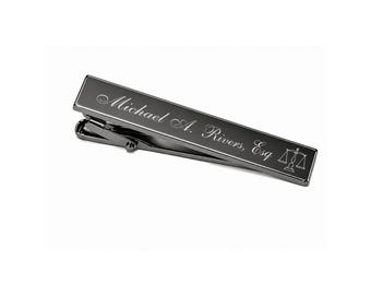 Engraved Scales of Justice Gunmetal Tie Clip – Personalized Lawyer Gift, Graduation Gift for Him