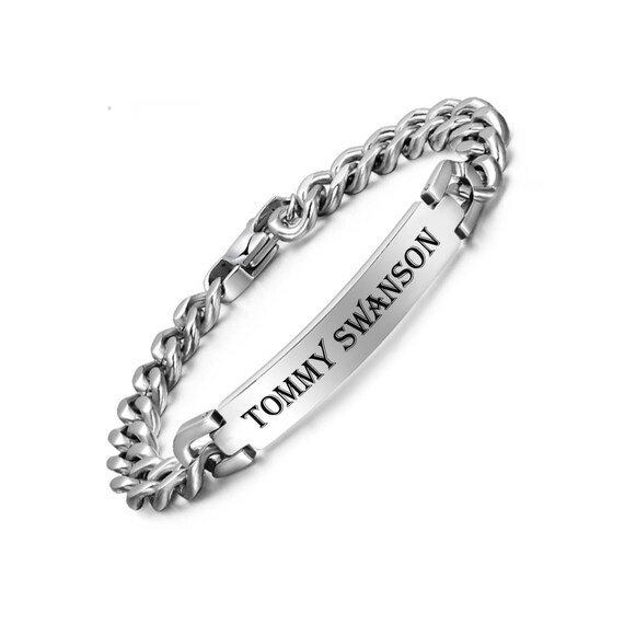 Black Steel Name Engraved Mens Bracelet  Red Moments