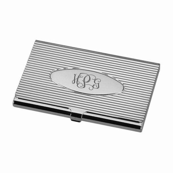 Personalized High Polished Lined Silver Business Card Holder Custom Engraved Free, Customized Monogrammed Silver Credit Card Case