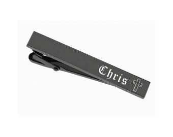 Engraved Cross Tie Clip, Personalized Gunmetal Tie Bar Buy 6 Get 7th Free