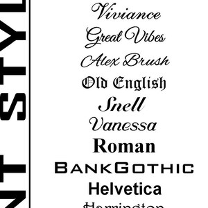 May include: A vertical black and white graphic displaying a list of font styles. The fonts include Century, Lucinda Calligraphy, Edwardian, Clarendon, Viviance, Great Vibes, Alex Brush, Old English, Snell, Vanessa, Roman, BankGothic, Helvetica, Harrington, Imprint Shadow, Algerian, and Greek.